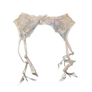 New Agent Provocateur Size 2 Cream Blue Odette Suspender Floral Embroidery Sheer